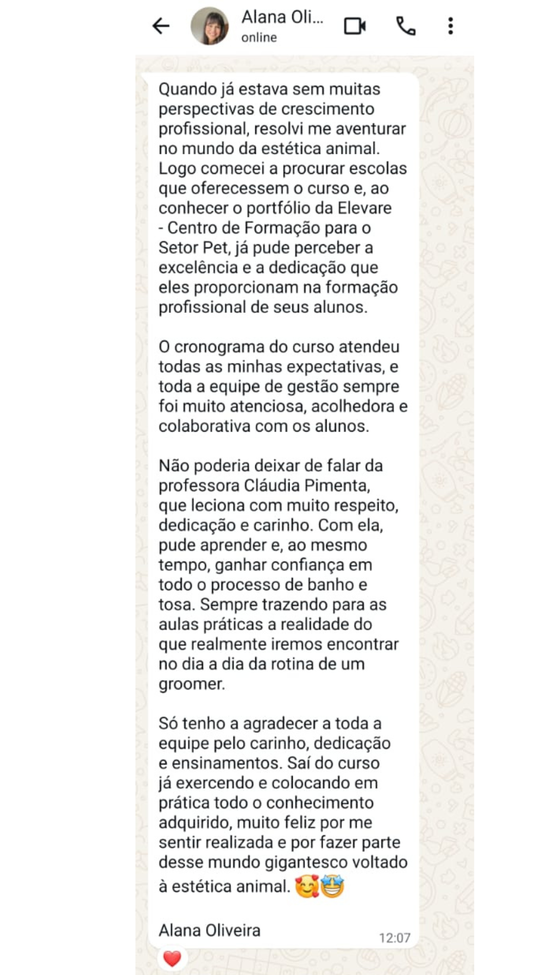 Mensagem de aluna — Print 4